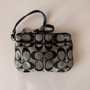 Coach Signature Jacquard Wristlet Black Silver Monogram Zip Pouch Wallet